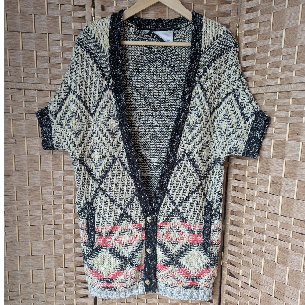 Southwestern Black White‎ Coral Pink Short Sleeve Cardigan Sweater Boho Artsy